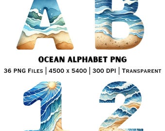 Ocean Alphabet PNG A-Z Numbers 0-9 Sea Life Letters | Summer Learning Clipart | Printable Pack