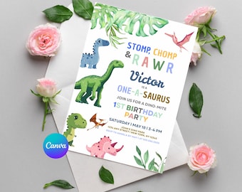 Dinosaur Birthday Invitation | One Saurus Canva Template | Editable 5x7 Party Invite | Dino Printable Download