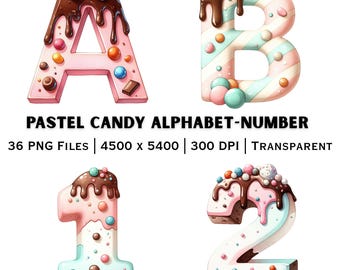 Pastel Candy Alphabet PNG Bundle | Chocolate Drip Letters A Z | Numbers Digital Download