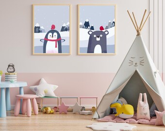 Winter Bear Penguin Nursery Prints | Watercolor Animal Art Set (Digital Download)