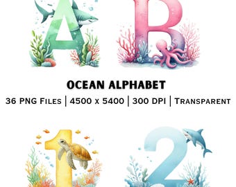 Ocean Alphabet PNG A Z Numbers 0 9 Sea Letters | Kids Learning Clipart | Printable Pack