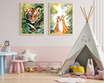 Safari Animal Watercolor Prints | Tiger Cub, Giraffes Nursery Decor (Digital Download)