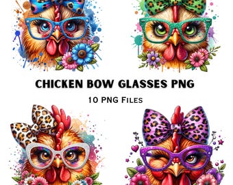 Chicken Bow Glasses | PNG Bundle Funny Hen Clipart Farm Graphics | Sublimation Design Pack