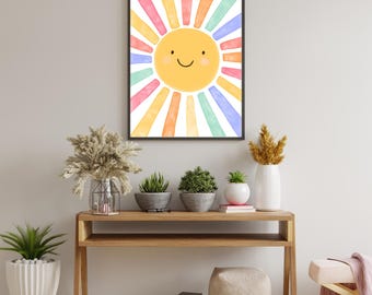 Smiling Sun Nursery Print | Watercolor Rainbow Rays, Boho Kids Room Decor (Digital Download)