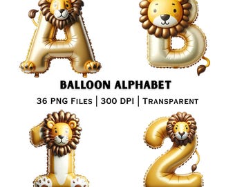 Lion Balloon Alphabet PNG | Safari Letters Numbers Set | Kids Birthday Clipart Design
