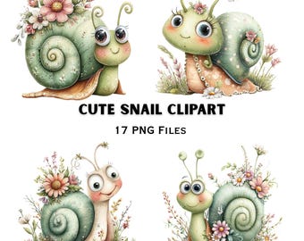 Snail PNG Bundle | Floral Garden Snail Graphics | Kawaii Animal Illustration Pack Set