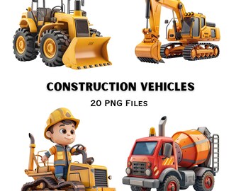 Construction Vehicles PNG Bundle Bulldozer Excavator Truck Clipart Builder Equipment | Graphics Set | Instant Download