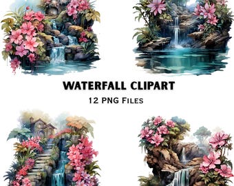 Waterfall Landscape PNG Bundle | Nature Scenery Clipart Pack | Tropical Floral Illustration Set | Sublimation Files