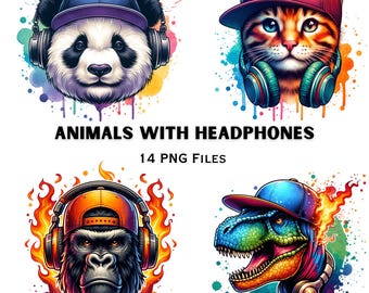 Animals Headphones PNG Bundle DJ Clipart Music Lover Graphics | Sublimation Design Pack | Instant Download