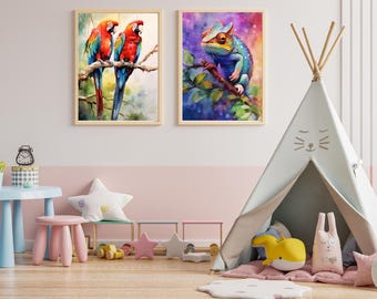 Tropical Chameleon Parrot Watercolor Prints | Colorful Wildlife Art (Digital Download)