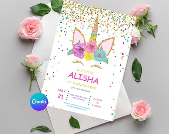 Unicorn Birthday Invitation | Rainbow Glitter Canva Template | Editable 5x7 Party Invite | Printable Download