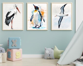 Coastal Bird Watercolor Prints Set | Seagull, Stork, Penguin Wall Art (Digital Download)