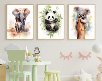 Set of 3 Watercolor Animal Prints | Elephant, Koala, Panda Nursery Decor (Digital Download)