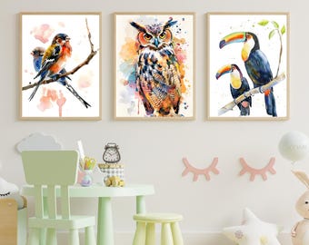 Set of 3 Watercolor Bird Prints | Bluebirds, Crow, Woodpecker Nature Art (Digital Download)