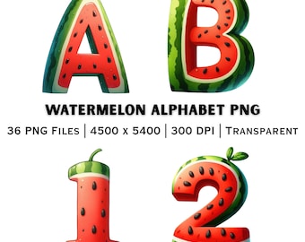 Watermelon Alphabet PNG A Z Numbers 0 9 Fruit Letters | Kids Learning Clipart | Printable Pack