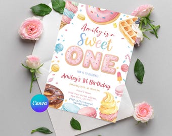Sweet One Birthday Invitation | Donut Dessert Canva Template | Editable 5x7 Party Invite | Printable Download