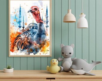 Turkey Wall Art Printable | Watercolor Bird Illustration Farmhouse Decor Rustic Animal Print Digital Download