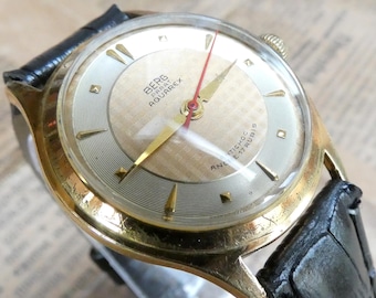 Vintage BERG PARAT AQUAREX German Watch, Gold Textured Dial, Red Second Hand