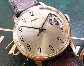 Vintage POBEDA 1960s Soviet Watch - Unique Hand-Skeletonized Dial - One-of-a-Kind Mechanical Timepiece
