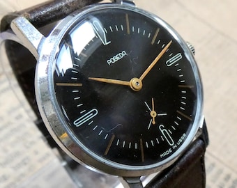 1960s POBEDA Black Dial Watch, 34mm Chrome Case, USSR Mechanical Wristwatch
