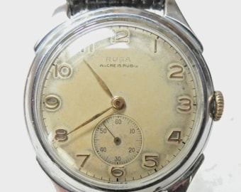 Vintage RUGA 1950s Mechanical Watch – 15 Rubis Steel Case, Mid Century Swiss timepiece