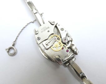 Antique 830 Silver Watch Holder Bracelet – Steampunk Mauthe Movement, German Jewelry