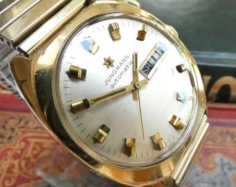 Rare 1970s Junghans Automatic Watch – Brushed Dial – ROLLED GOLD-PLATED Strap – Hand-Winding – German Precision – Gift for Collectors