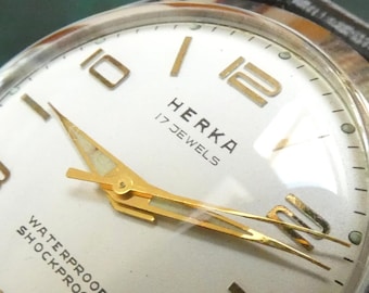 Vintage 1950s HERKA Swiss Watch – 17J Manual Wind – Pristine Chrome – Beige Dial – Tested – International Priority Shipping – Gift for Men