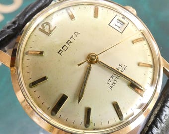 Vintage 1960s PORTA Mechanical Watch – Gold Plated Case, Beige Dial, PUW 361 Movement