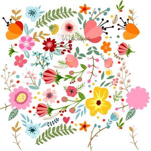 May include: A vibrant floral illustration featuring an array of colorful flowers and foliage. The design includes pink, orange, yellow, and blue flowers, with green leaves and stems. The text "Vi la Sapon" is visible.