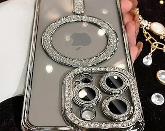 Funda transparente de lujo con purpurina y diamantes para iPhone con carga inalámbrica magnética.