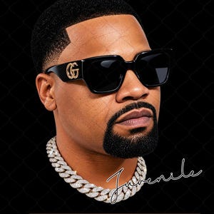 May include: A digital graphic featuring a person with a short haircut and a goatee, wearing black sunglasses with a gold G logo on the temple and a thick, silver-toned chain necklace. The text Juvenile is written in a cursive script font.