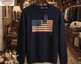 Vintage Polo Ralph Lauren USA Flag Knit Sweater American Flag RL Pullover Knitwear