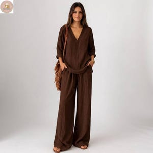 Ensemble deux pièces en lin | Pantalon large, haut à col en V, tenue d'été décontractée