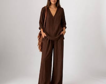 Conjunto de dos piezas de lino / Pantalones de pierna ancha, top con escote en V, atuendo veraniego relajado