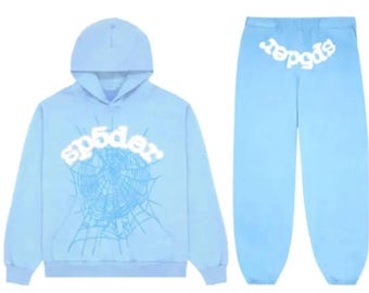 Sky Blue Spider Web Hoodie Set || Unisex Sp5der Streetwear Tracksuit || Y2K Graphic Sweatshirt & Joggers