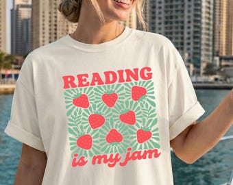 Reading Is My Jam Shirt, Strawberry Bookish Tee, Comfort Colors 1717 Book Lover Gift, Retro Librarian T-shirt, Cute Aesthetic Reading Top