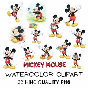 Peut inclure: Une collection d'illustrations de Mickey Mouse dans diverses poses, notamment en train de saluer, tenant des ballons, des fleurs et un cadeau. Le texte indique MICKEY MOUSE WATERCOLOR CLIPART 22 HIHG QUALITY PNG. Le personnage porte un short rouge.
