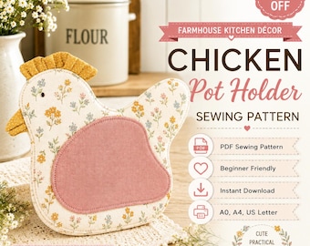 Chicken Oven Mitt Sewing Pattern PDF, Chicken Potholder Pattern, Farmhouse Kitchen Decor, Vintage Inspired Hot Pad, Instant Download