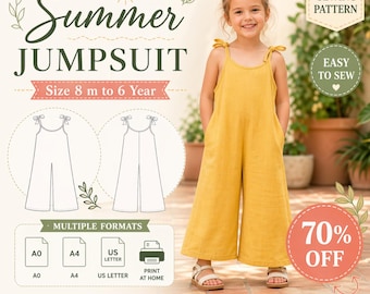 Patrón de costura para mono de niña con tirantes anudados, patrón de costura para mono infantil, patrón de costura para peto infantil, patrón infantil, regalo, 8 meses a 6 años