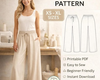 Mönster för vardagsbyxor i PDF-format | Mönster för vida byxor | Mönster för byxor med resår i midjan | Mönster för gör-det-själv-byxor för kvinnor | Direkt nedladdning