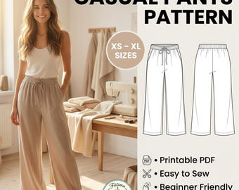 Wykrój na spodnie casualowe w formacie PDF | Wykrój na spodnie z szerokimi nogawkami | Wykrój na spodnie z elastyczną talią | Wykrój na spodnie damskie DIY | Pobierz natychmiast