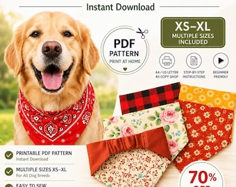 Scrunchie Dog Bandana Sewing Pattern PDF, Reversible Elastic Dog Bandana Pattern XS-XL, Pet Bandana Sewing Pattern, Instant Download
