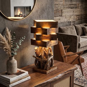 Skulpturale Lampe aus Naturholz und Shou Sugi Ban | Boho-Chic und umweltfreundliche Dekoration | Einzigartige handgefertigte Kreation aus Altholz