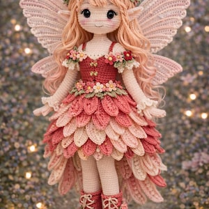 Może przedstawiać: Ręcznie robiona szydełkowa lalka wróżki z różowymi włosami, kwiatową koroną i dużymi, delikatnymi skrzydłami. Lalka ma na sobie czerwoną i różową sukienkę w kształcie płatków i pasujące buty. Lalka ma około 30 cm wysokości.