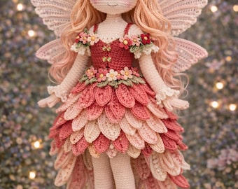 Patrón de ganchillo en PDF para muñeca Hada Flor, Hada amigurumi floral, Muñeca con vestido de pétalos, Tutorial de alas y cabello, Patrón de ganchillo avanzado