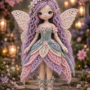 Virkmönster för lavendelträdgårdsfe i PDF-format – Handledning för amigurumi-blomsterfedocka – Virkmönster för fantasi – Engelskt mönster