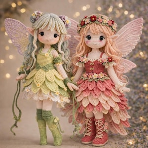 May include: Two handmade crochet fairy dolls. One doll wears a green and yellow dress with flower accents, the other wears a pink dress. Both dolls have wings, flower crowns, and long hair. The dolls are holding hands.