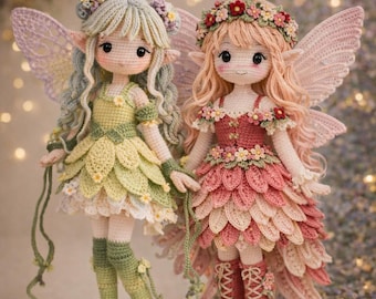 Paquete de patrones de muñecas de hadas a crochet, PDF de amigurumi, hadas con vestidos de pétalos (descarga instantánea en inglés)