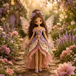 Könnte beinhalten: Eine handgefertigte Häkelpuppe mit langem braunem Haar, das mit kleinen rosa und violetten Blumen verziert ist. Die Puppe trägt ein mehrlagiges Kleid in Lavendel, Creme und zartem Rosa, ergänzt durch filigrane spitzenartige Flügel und passende Schuhe.